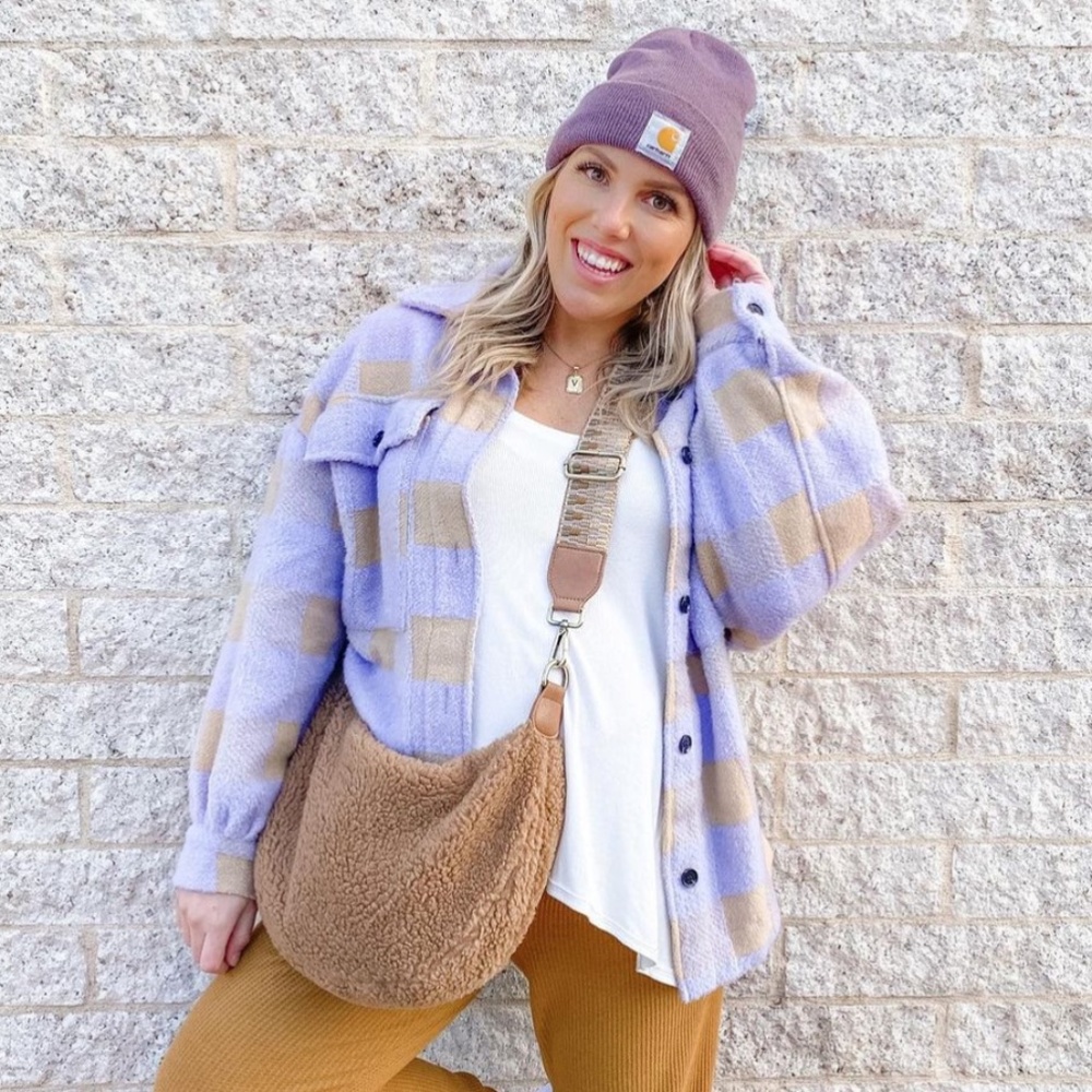 SHEIN Plaid Shacket Purple | Gingham Flap Pocket High Low Tweed Overshirt